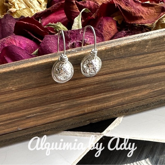 Lava rock metallic silver dangle spheres drop earrings handmade jewelry - Picture 1 of 2